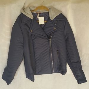 Blue Faux Leather Jacket W/Hood, Size 3X